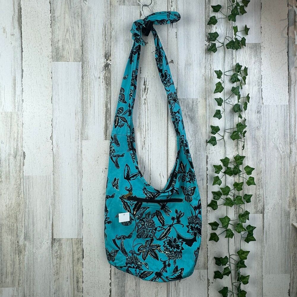 Butterfly glitter turquoise hobo large crossbody bag